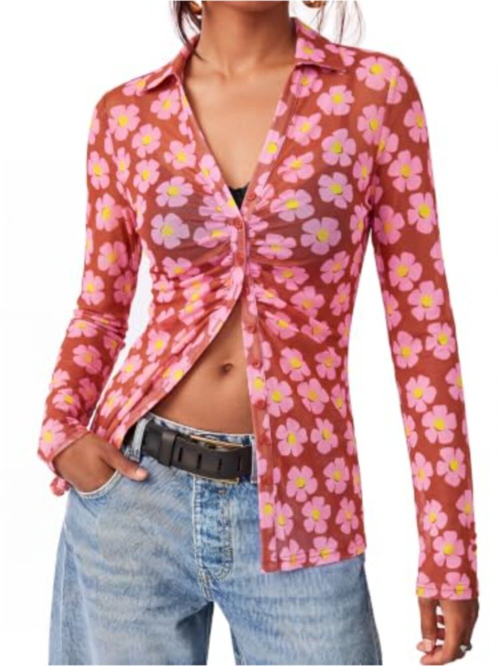 Women's Sheer Mesh Floral Button Down Shirt Long Sleeve Y2K Boho Blouse Top